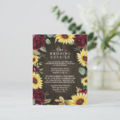 Zonnebloem Gedekte en Burgundy Red Rose Wedding Informatiekaartje (Staand voorkant)