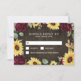 Zonnebloem Gedekte en Burgundy Red Rose Wedding RSVP Kaartje