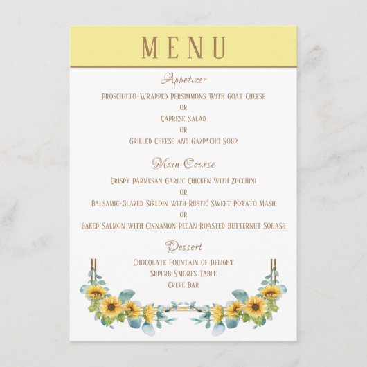 Zonnebloem (geel) 4,5" x 6,25" Wedding Menu (Voorkant)