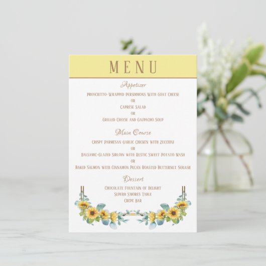 Zonnebloem (geel) 4,5" x 6,25" Wedding Menu (Staand voorkant)