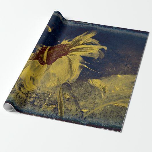 Zonnebloem Geel Blauw Schets  Antiek Cadeaupapier (Uitgerold)