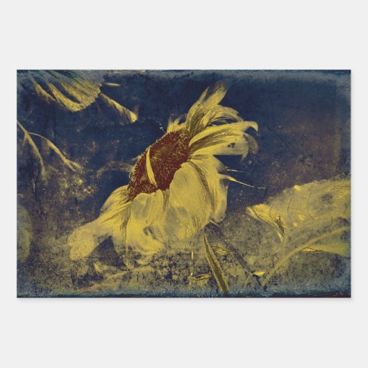 Zonnebloem Geel Blauw Schets  Antiek Inpakpapier Vel (Voorkant 2)