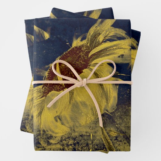 Zonnebloem Geel Blauw Schets  Antiek Inpakpapier Vel (In situ)