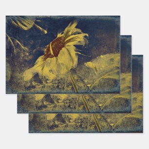 Zonnebloem Geel Blauw Schets  Antiek Inpakpapier Vel