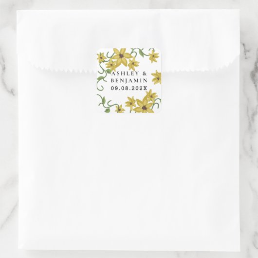 Zonnebloem Geel Bloem Botanisch Handgetekende Olie Vierkante Sticker (Tas)