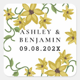 Zonnebloem Geel Bloem Botanisch Handgetekende Olie Vierkante Sticker