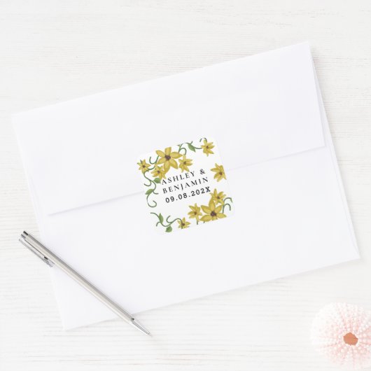 Zonnebloem Geel Bloem Botanisch Handgetekende Olie Vierkante Sticker (Envelop)