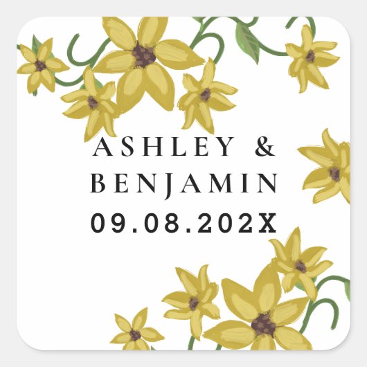Zonnebloem Geel Bloemen Botanische Hand getrokken  Vierkante Sticker (Voorkant)