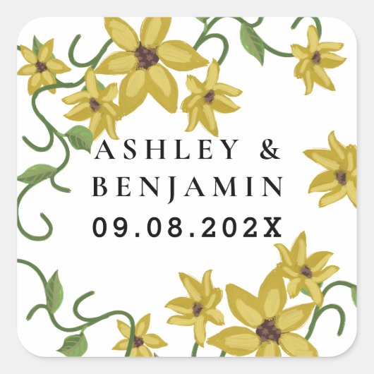 Zonnebloem Geel Bloemen Botanische Hand getrokken  Vierkante Sticker (Voorkant)