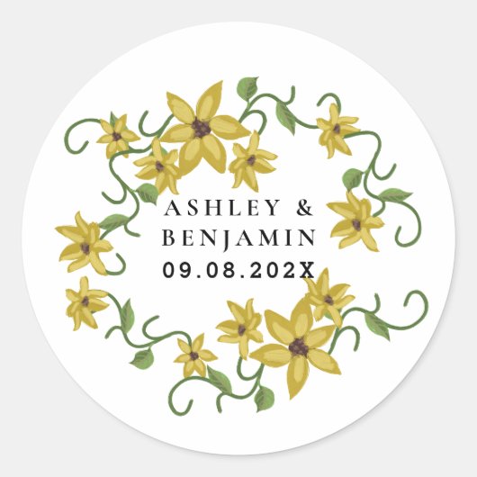 Zonnebloem Geel Bloemig Botanisch Handgetekend Oli Ronde Sticker (Voorkant)