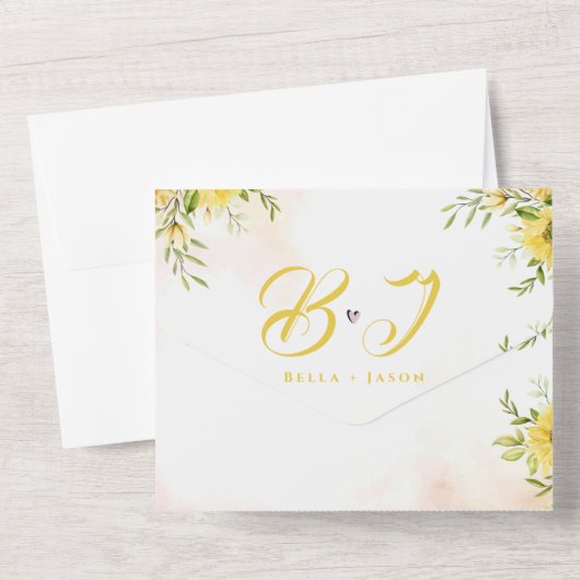 Zonnebloem Geel donker Monogram bruiloft All In One Uitnodiging (Achterkant)