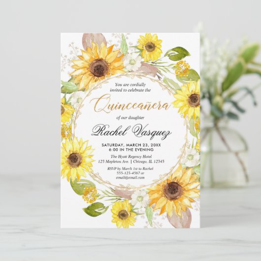 Zonnebloem geel en goudbloem Quinceanera Kaart (Staand voorkant)