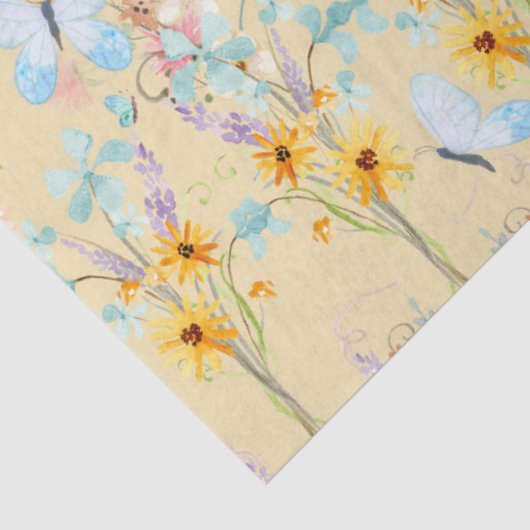 Zonnebloem Geel Floral Blauwe Vlinder Ontschrootho Tissuepapier (Detail)