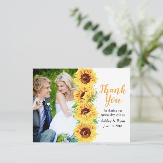 Zonnebloem geel foto bruiloft dank u briefkaart (Staand voorkant)