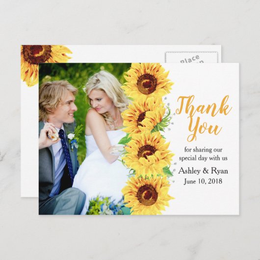 Zonnebloem geel foto bruiloft dank u briefkaart (Voorkant / Achterkant)