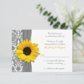 Zonnebloem Geel Grijs Damast Bruiloft RSVP Antwoor (Staand voorkant)