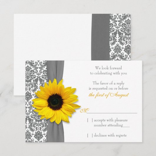 Zonnebloem Geel Grijs Damast Bruiloft RSVP Antwoor (Voorkant / Achterkant)