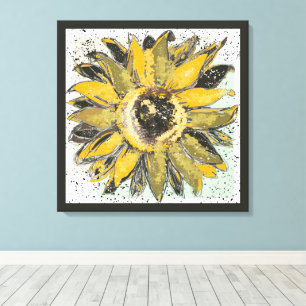 Zonnebloem Geel Groen Zwart Watercolor Stijl Kunst Canvas Afdruk