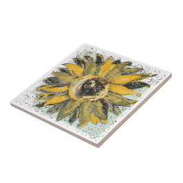 Zonnebloem Geel Groen Zwart Watercolor Stijl Kunst Tegeltje