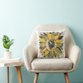 Zonnebloem Geel Groen Zwart Waterverf Stijl Kunst Kussen