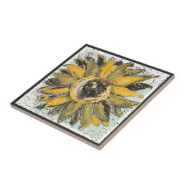 Zonnebloem Geel Groen Zwart Waterverf Stijl Kunst Tegeltje