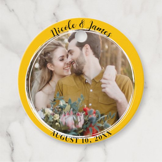 Zonnebloem geel minimale ronde foto bruiloft bedankjes labels (Voorkant)