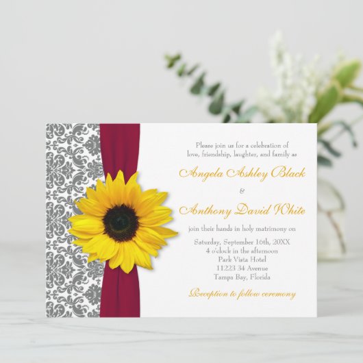 Zonnebloem Geel Pewter Grijze Damask Rood Weddensc Kaart (Staand voorkant)