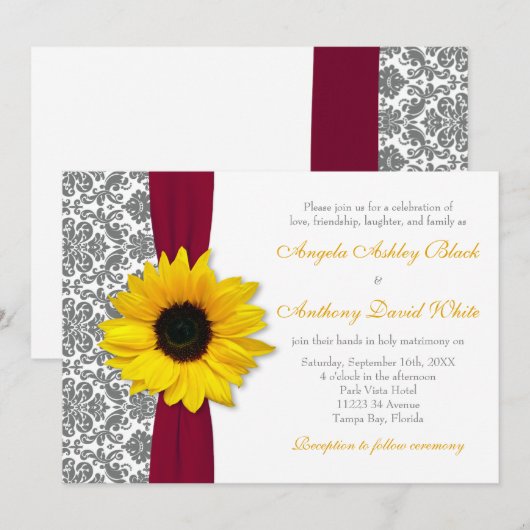 Zonnebloem Geel Pewter Grijze Damask Rood Weddensc Kaart (Voorkant / Achterkant)