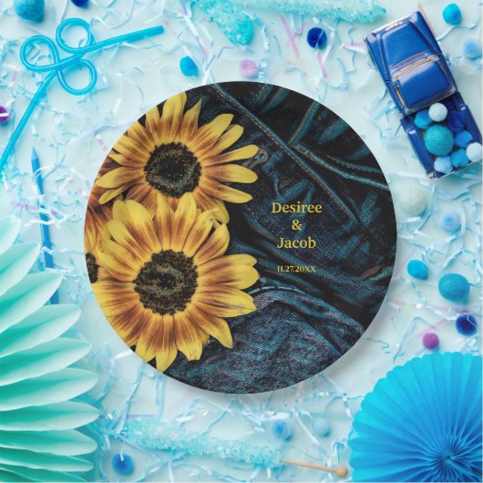 Zonnebloem Geel Rustic Denim Blue Jeans Weddenscha Papieren Bordje (Feest)