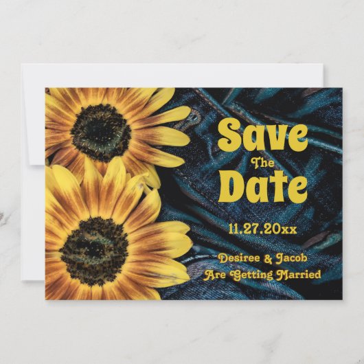 Zonnebloem Geel Rustisch Blauw Denim sparen de dat Save The Date (Voorkant)