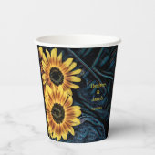 Zonnebloem Geel Rustisch Denim Blue Jeans Papieren Bekers (Achterkant)