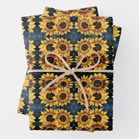 Zonnebloem Geel Rustisch Denim Blue Jeans Pattern Inpakpapier Vel (In situ)