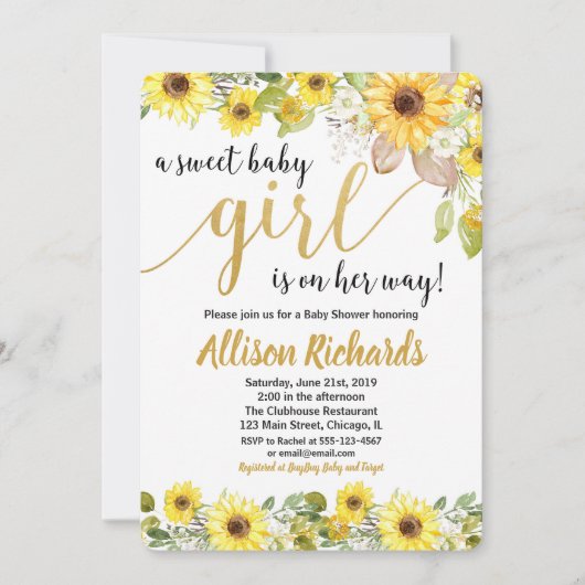 Zonnebloem gele baby shower uitnodiging voor meisj (Voorkant)