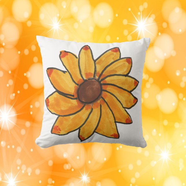 Zonnebloem gele hand getekend kussen (A throw pillow with a hand drawn yellow flower.)