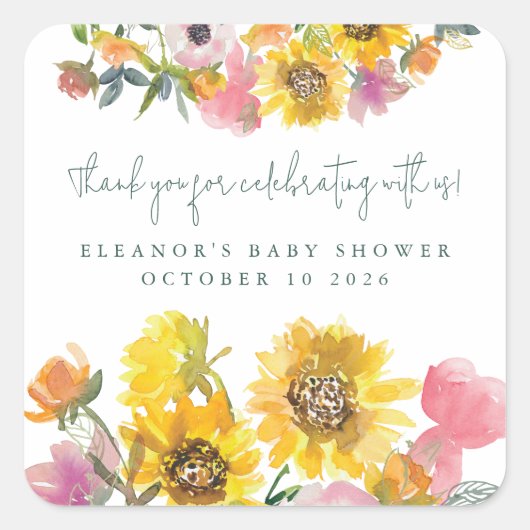 Zonnebloem Gele Waterverf Florence Baby shower Vierkante Sticker (Voorkant)