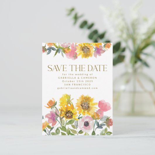 Zonnebloem Gele Waterverf Wedden sparen de Datum Briefkaart (Staand voorkant)