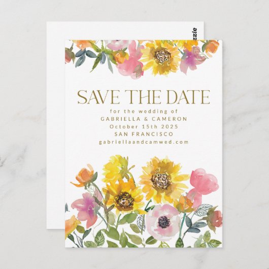 Zonnebloem Gele Waterverf Wedden sparen de Datum Briefkaart (Voorkant / Achterkant)