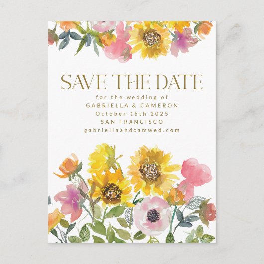 Zonnebloem Gele Waterverf Wedden sparen de Datum Briefkaart (Voorkant)