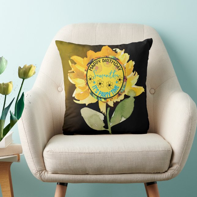 Zonnebloem Gelukkige Verjaardag Meisje Zwart Kussen (Sunflower Happy Birthday Girl Black Throw Pillow)