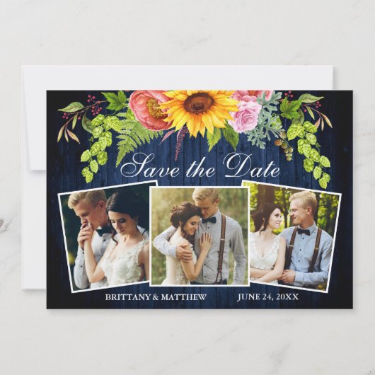Zonnebloem Gemengd Floral Blue Wood 3 Foto Save The Date (Voorkant)