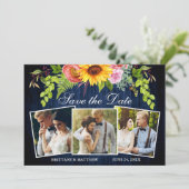 Zonnebloem Gemengd Floral Blue Wood 3 Foto Save The Date (Staand voorkant)