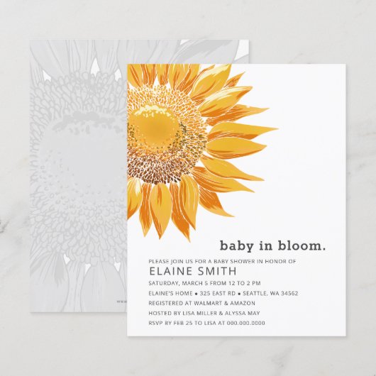 Zonnebloem Genderneutraal Baby shower Uitnodiging (Voorkant / Achterkant)
