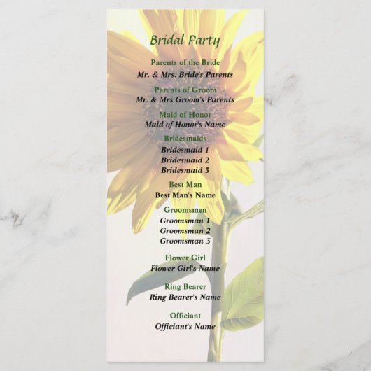 Zonnebloem geniet van het Sun Wedding Programme Programmakaart (Achterkant)