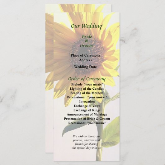 Zonnebloem geniet van het Sun Wedding Programme Programmakaart (Voorkant / Achterkant)