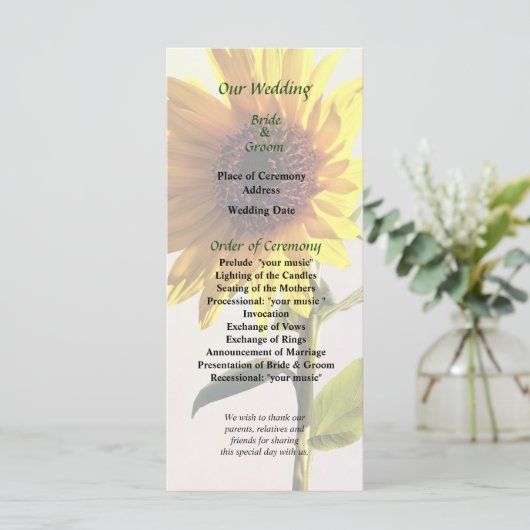 Zonnebloem geniet van het Sun Wedding Programme Programmakaart (Staand voorkant)