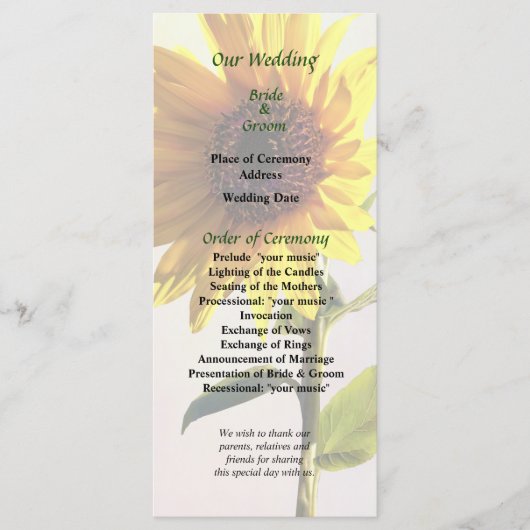 Zonnebloem geniet van het Sun Wedding Programme Programmakaart (Voorkant)
