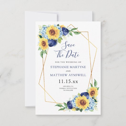 Zonnebloem Geometric Dusty Blue Navy Floral Weddin Save The Date (Voorkant)