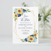 Zonnebloem Geometric Dusty Blue Navy Floral Weddin Save The Date (Staand voorkant)