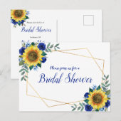 Zonnebloem Geometrisch Blauw Bloemen Vrijgezellenf Uitnodiging Briefkaart (Voorkant / Achterkant)