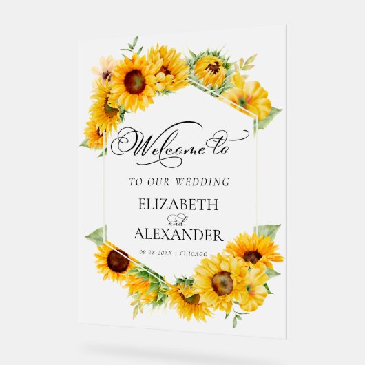 Zonnebloem geometrische bruiloft welkom acryl bord (Hoek)